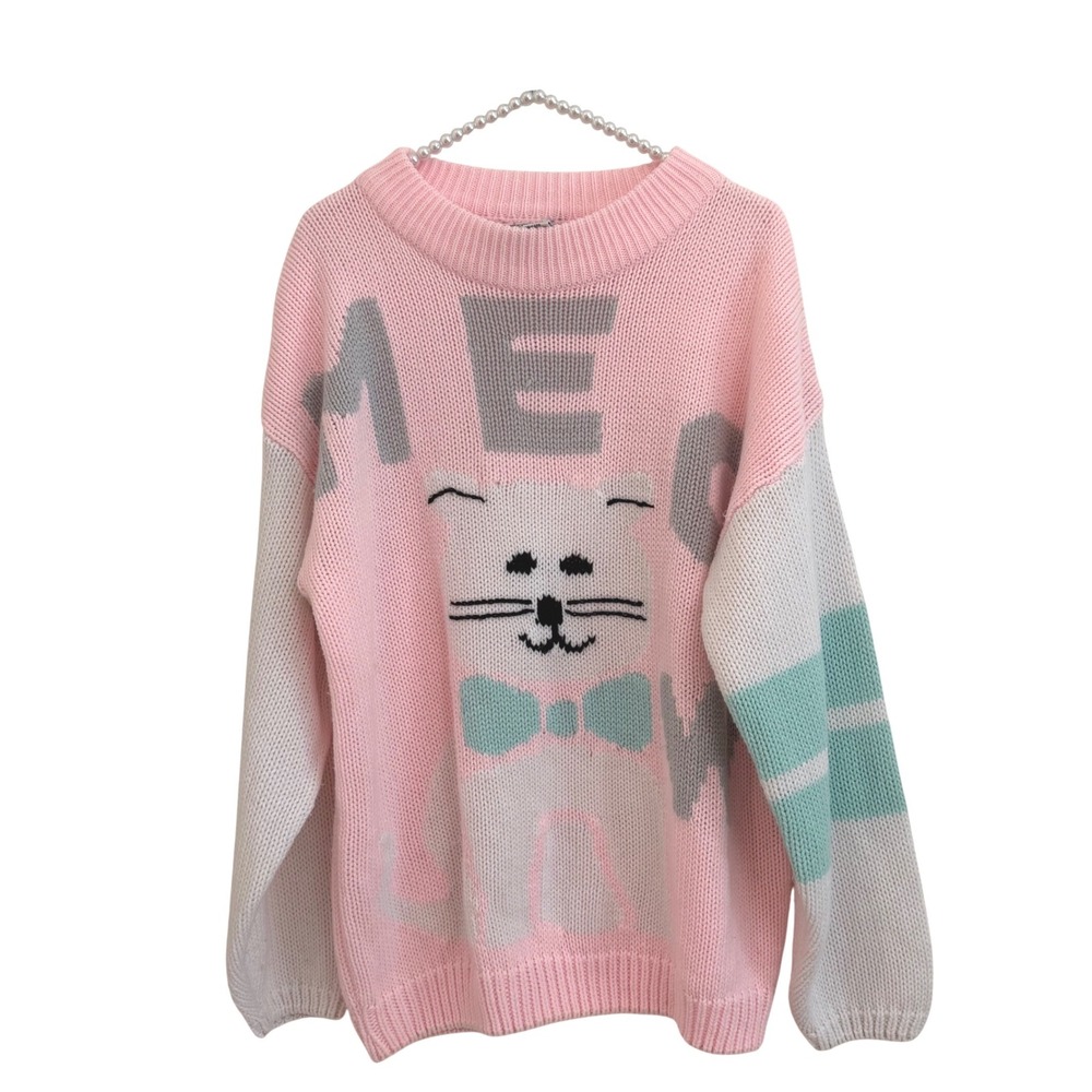 Vintage 80s Extra Touch Pastel Pink Novelty Cat Knit Sweater Kawaii Oversized 42
